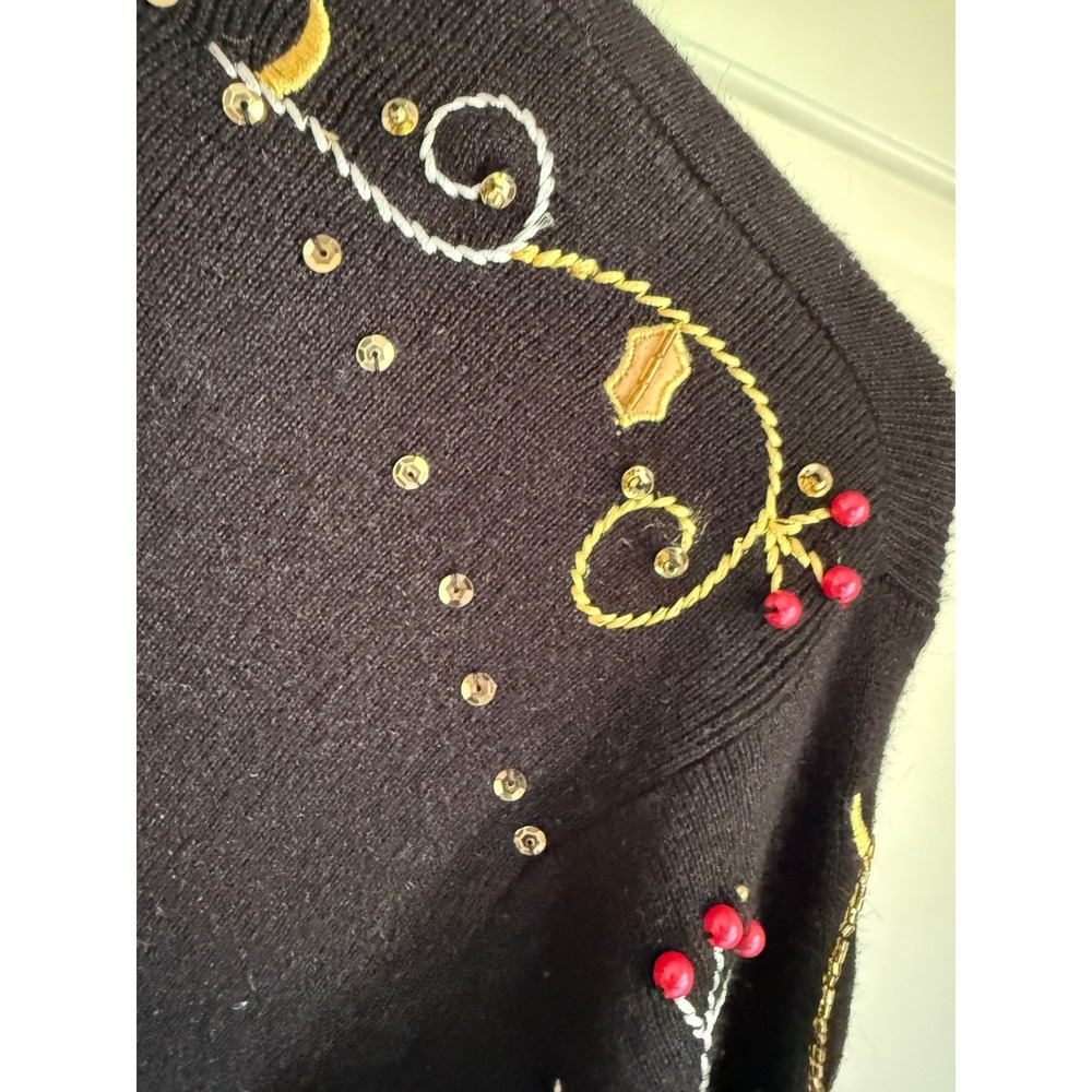 Quacker Factory Black Zip Cardigan Embroidered Rhinestone Holiday Sweater Medium